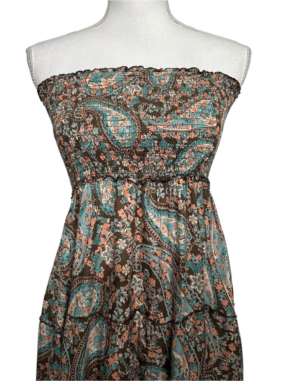 Pastel Paisley Print Strapless Ruched Summer Dress / Medium (Estimated) / Boho - Picture 2 of 7